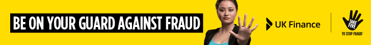 take five stop fraud banner in yellow with lady performing stop action with hand